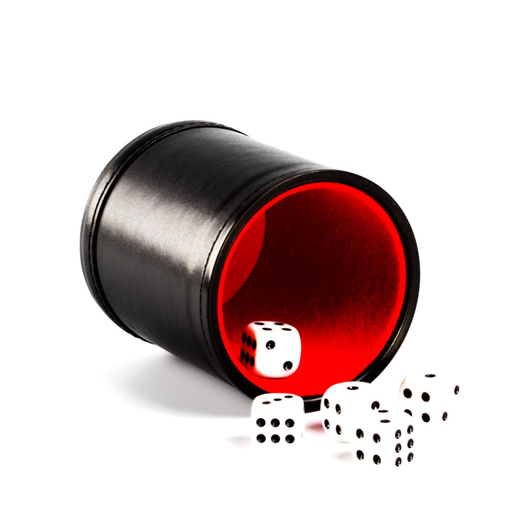 dice cup cover by black pu leather and red velvet inside.