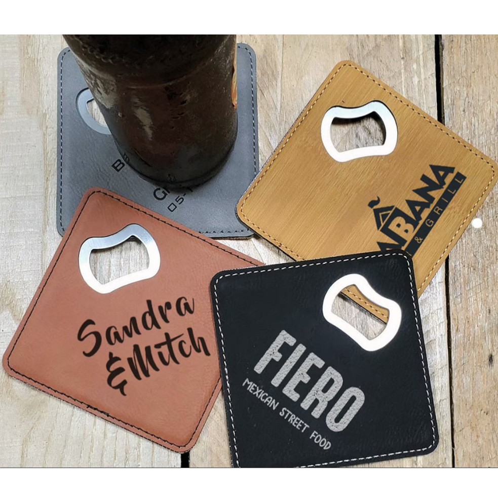 laserable Leatherette bottle opener & coaster set 