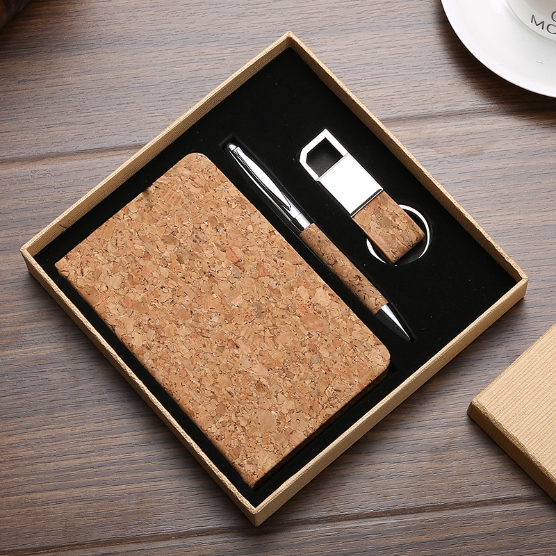 Cork gift set featuring a stylish notebook, pen, and keyring.