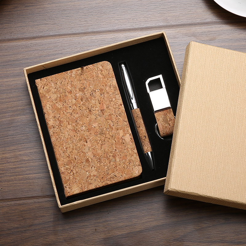 Cork gift set featuring a stylish notebook, pen, and keyring.