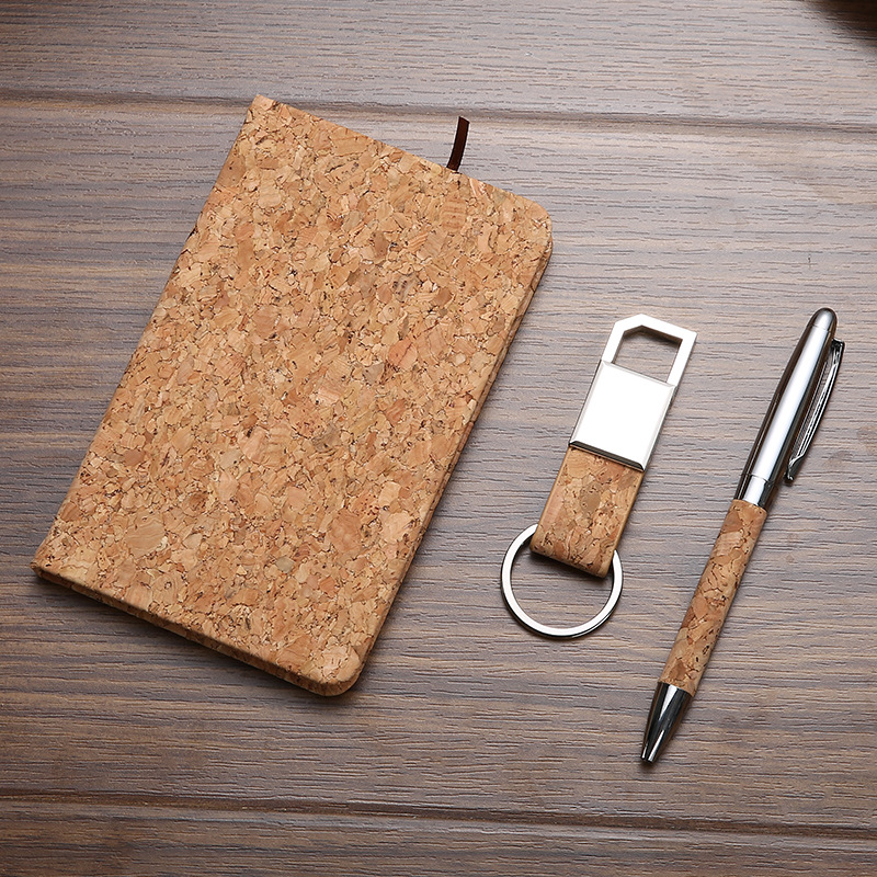 Cork gift set featuring a stylish notebook, pen, and keyring.