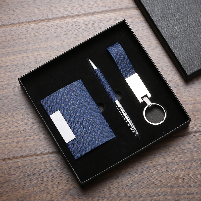 3-piece gift set featuring a business card holder, pen case, and keyring