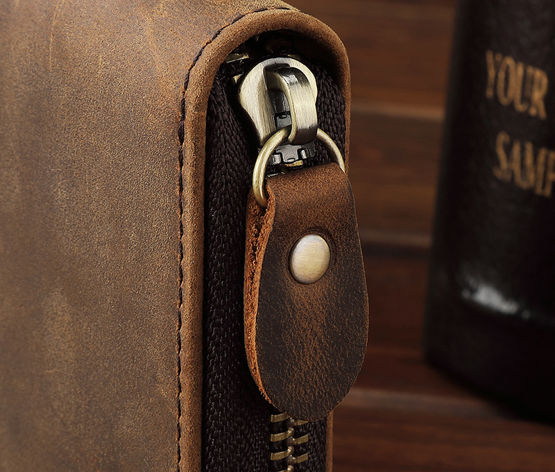 Detailed View of Men's Leather Wallet Featuring a Coin Zip Pocket