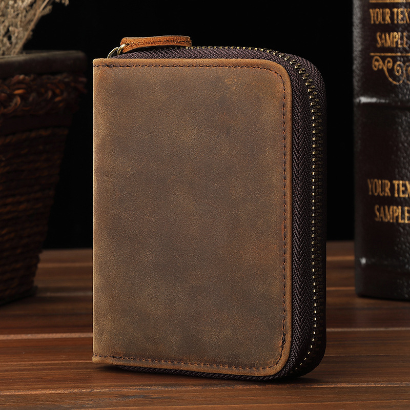 Detailed View of Men's Leather Wallet Featuring a Coin Zip Pocket