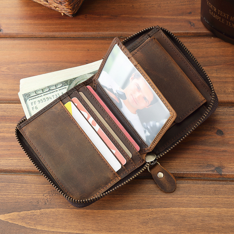 Detailed View of Men's Leather Wallet Featuring a Coin Zip Pocket